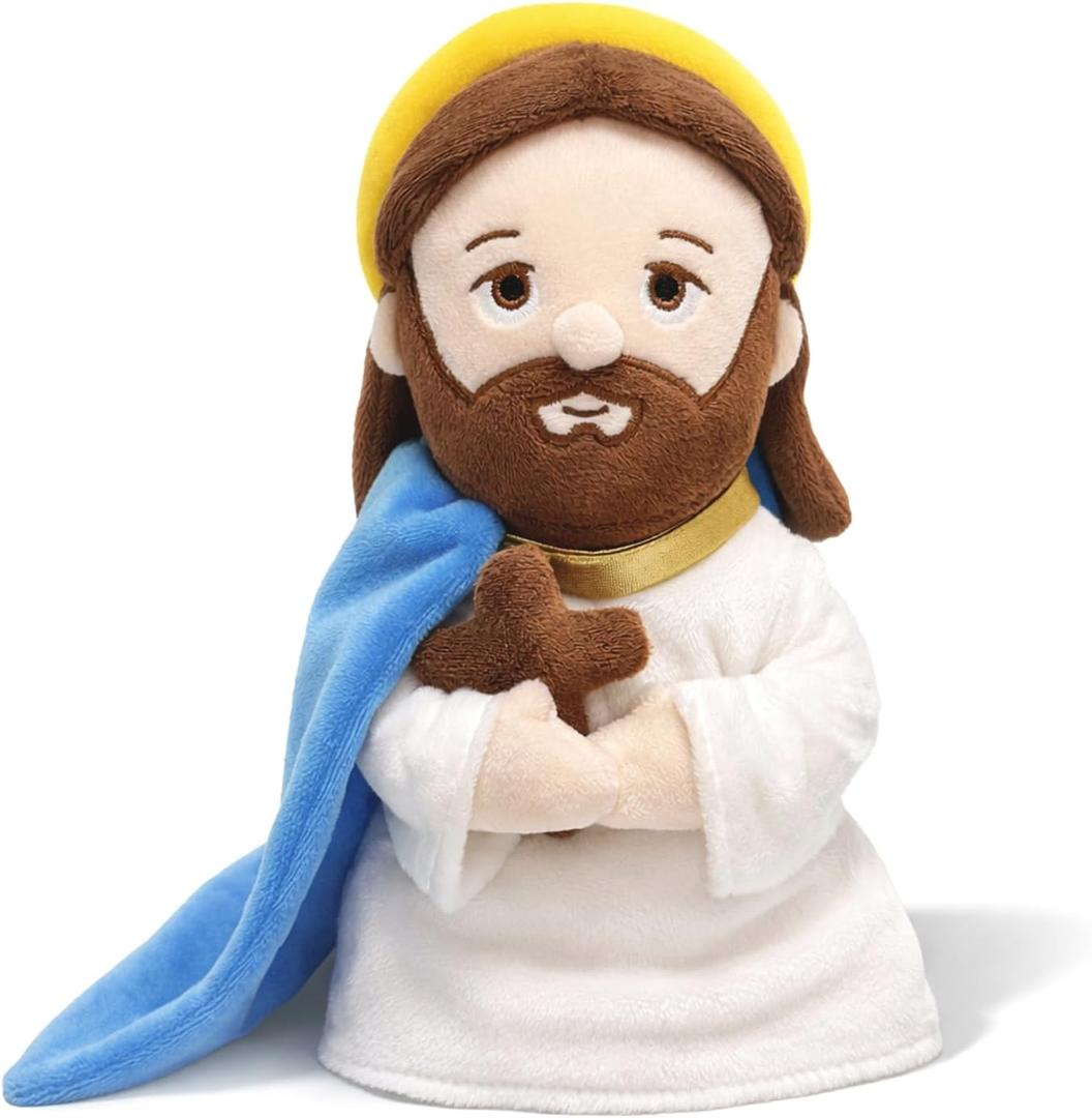 8 Inch Weighted Jesus Plush Doll - Sitting Religious Stuffed Toy with Detachable Halo & Cross - Christian Keepsake for Baptism, Easter, Church - Faith-Based Gift for All Ages (Blue)