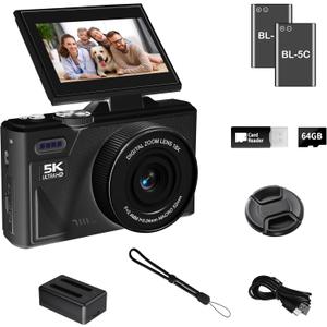 LENANE 5K Digital Camera for Photography with WiFi, 75MP Ultra HD Vlogging Camera for YouTube with 3" 180 Flip Screen,18X Zoom Autofocus Compact Cameras for Beginners Teens with 64GB SD Card. (Black)
