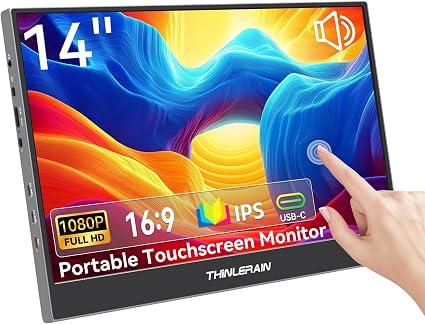 14 Inch Portable Touchscreen Monitor 1920x1080 IPS 16:9 10-Point Touch, 400nit, USB-C/HDMI, Built-in Speakers, Adjustable Stand, VESA 75x75, External Display Travel Monitor, Color: 1920 x 1080