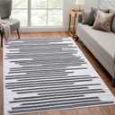 Area Rug 9X12 Modern Berber Stripe Indoor Farmhouse Area-Rug Low Pile Non Slip Throw Rug Machine Washable Rug Stain-Resistant Carpet for Bedroom Living Room, Cream/Black (9'x12')