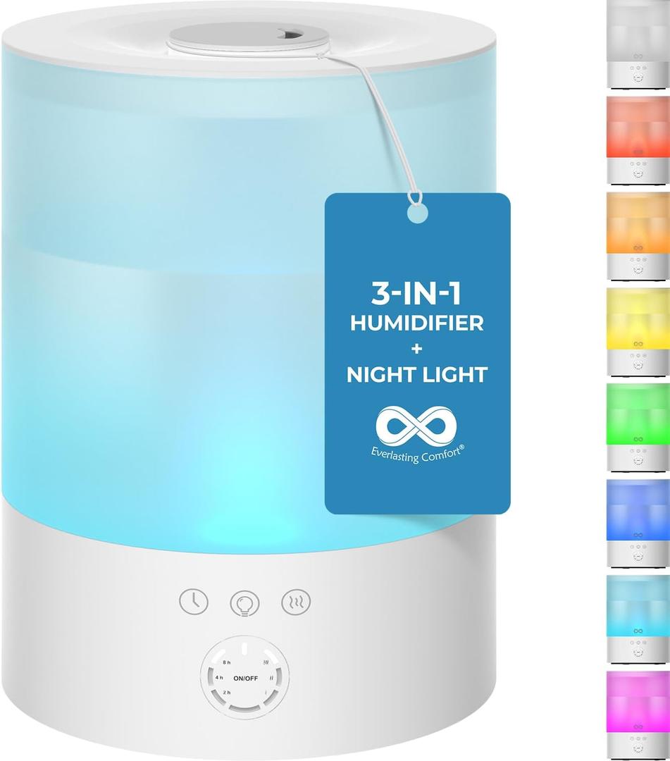 Everlasting Comfort 2.5L Top Fill Humidifiers for Bedroom - Quiet Easy to Fill & Clean, 24HR Runtime, Night Lights, Timer, Ultrasonic Cool Mist Humidifier, Auto Shut-Off, Essential Oil Diffuser (White)