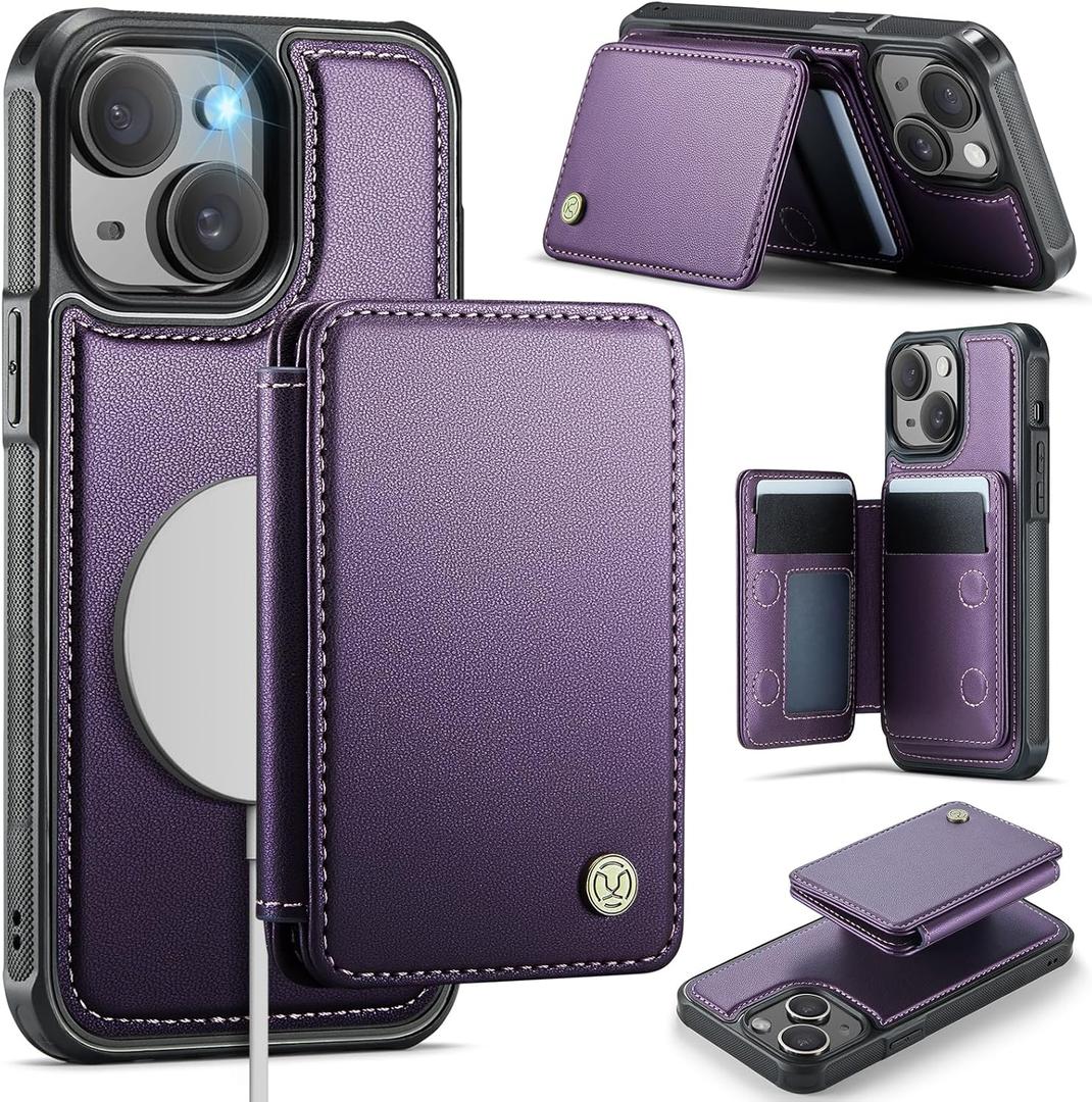 Compatible with Magsafe for iPhone 14 Plus Wallet Case Magnetic Card Holder, RFID Blocking 2 in 1 Detachable Kickstand Shockproof Case for Women Men, Purple