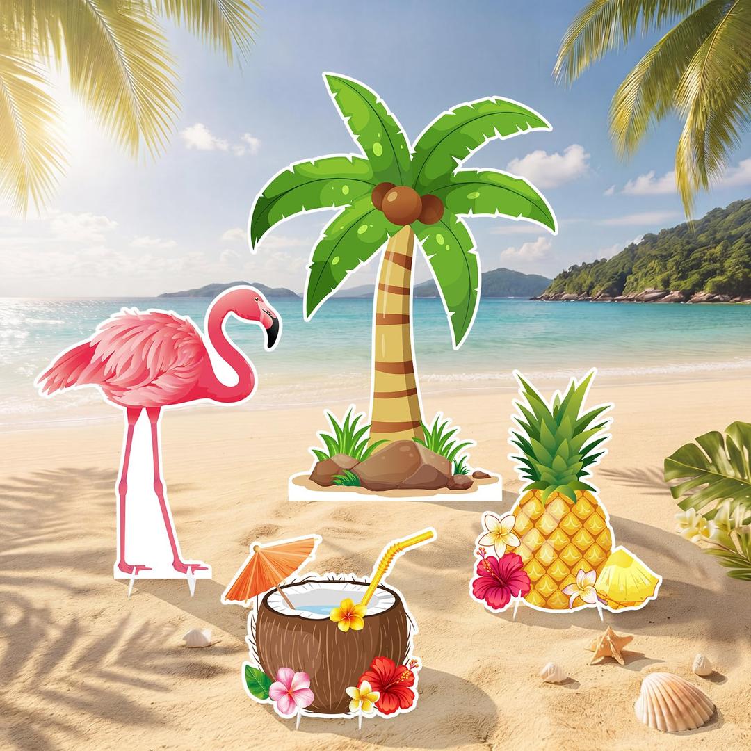 BreezeHug 4 Pcs Luau Hawaiian Party Decoration Large Palm Tree Cardboard Cutout Stand Summer Island Decor for Tropical Beach Birthday Supplies, Flamingos Coconut Tree for Hawaiian Party Favors