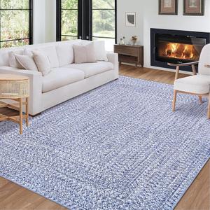 Washable Area Rug 5x7 Print Braided Machine Washable Rug Solid Printed Textured Carpet Stain Resistant Non-Slip Accent Rug Farmhouse Floor Cover for Dining Bedroom Decor, Blue