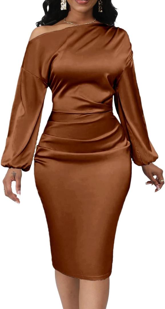 Elegant Formal Dress for Women Sexy Fall Off Shoulder Bodycon Midi Church Dresses or Cocktail Party Outfits, Large, Brown