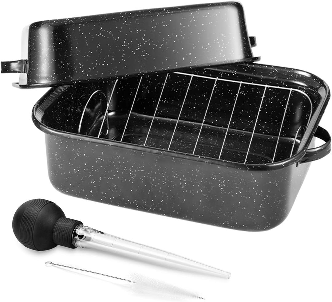 21Inch Roasting Pan, Extra Large Rectangle Roasting Pan With Rack, 25lb Capacity, Large Roaster pan for Baking Turkey, V-Rack and Versatile Lid Bone Turkey Baster by DIMESHY