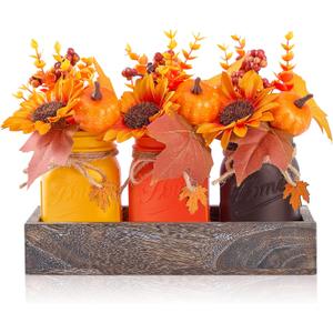 Mason Jar Fall Thanksgiving Centerpieces for Tables Fall Thanksgiving Table Decor, Flower, Wood Tray, Pumpkin Centerpieces Table Decorations for Home Indoor, 25 Pcs Autumn Kitchen Decor