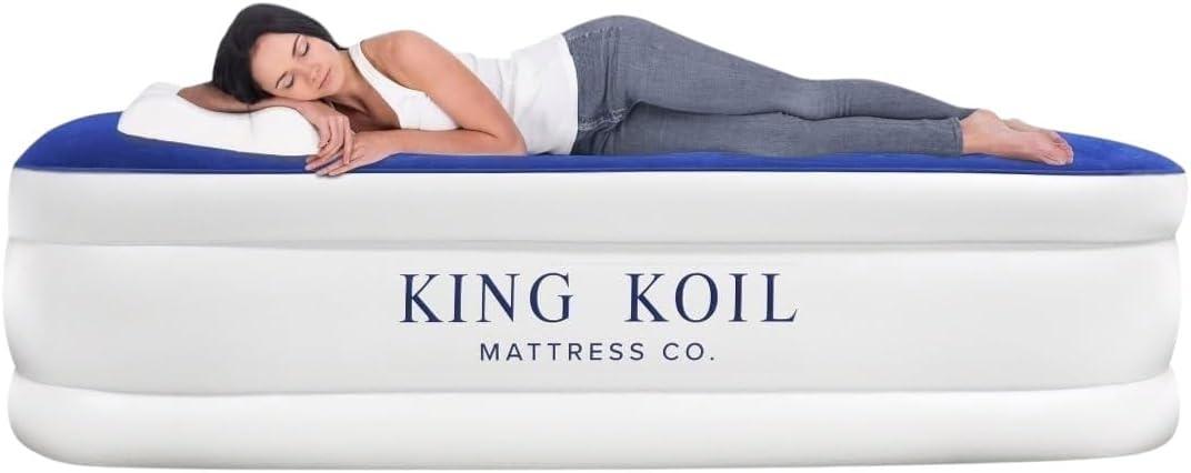 King Koil Luxurious Full-Size Air Mattress with Built-in High-Speed Pump & Built-in Pillow Top, Inflatable Double High Airbed for Home, Camping & Guest Comfort, Waterproof & Portable