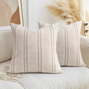 AELS 20x20 Decorative Farmhouse Linen Throw Pillow Covers, Boho Textured Pillow Case, Set of 2, Beige with White & Brown Stitch Yarn Dyed Stripe Cushion Cover for Sofa Couch Living Room (Cover ONLY) (20" x 20" (Pack of 2))