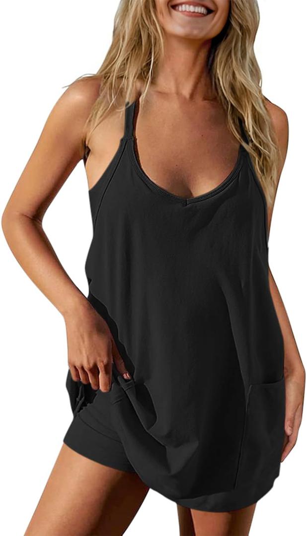 TARSE Athletic Dress for Women Casual Sleeveless Spaghetti Strap Sundress Workout Short Tennis Dress with Pockets (XX-Large, Black)