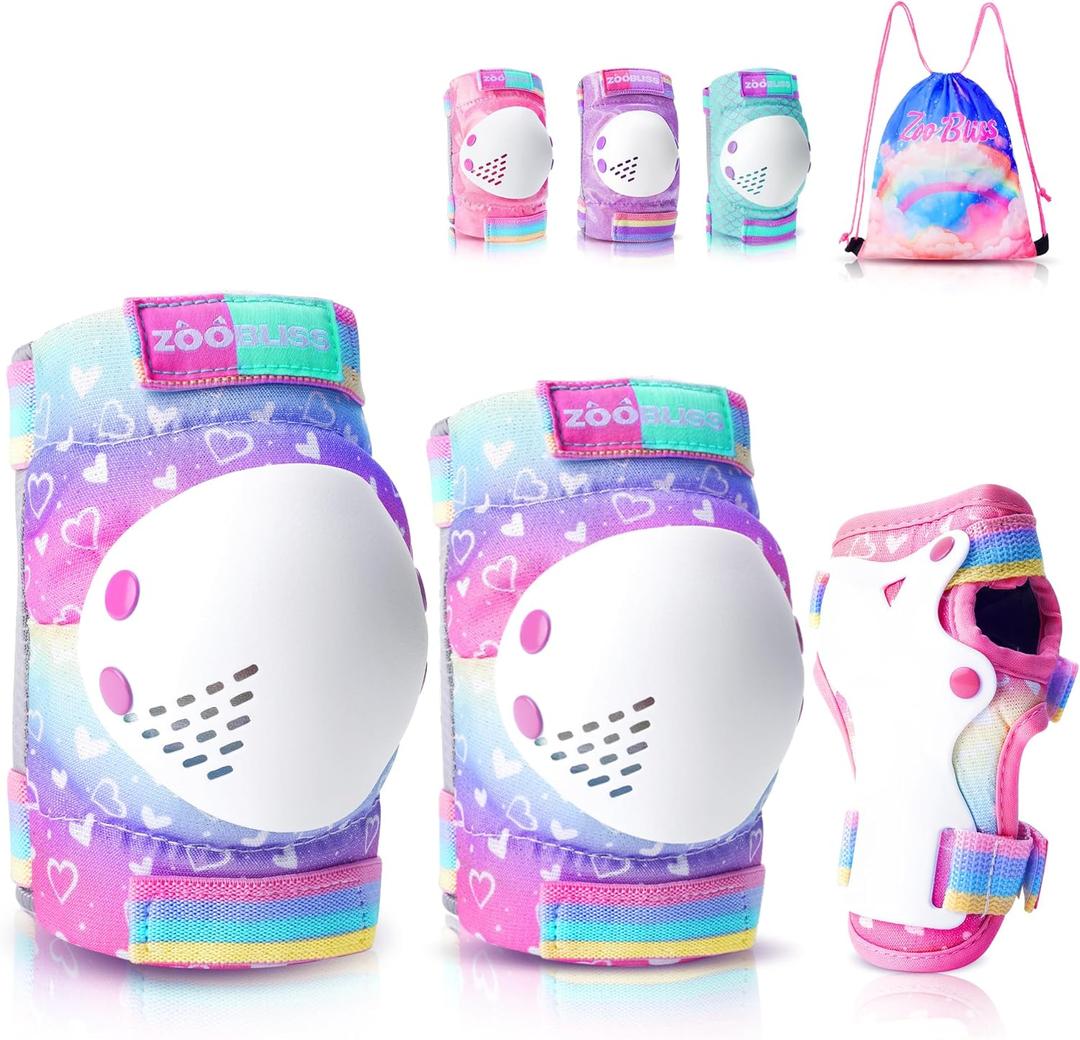 Knee Pads for Kids - ZOOBLISS Toddler Knee and Elbow Pads Set Wrist Guards for Skating Girls Aged 3-12, Kids Protective Gear for Roller Skates Skateboard Bike Scooter, Included Drawstring Bag(Rainbow) (Small)