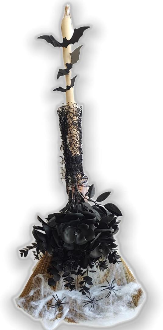 Witches Broom Halloween Broom Parking DIY, Gothic Style Decor with 3D Spooky Bats, Spiders & Webs, Fake Dark Black Roses, Eucalyptus with Wooden Detachable Broomstick