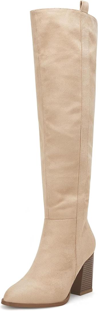 Ermonn Womens Faux Suede Knee High Side Zipper Chunky Heel Stretch Winter Boots (9, Beige)