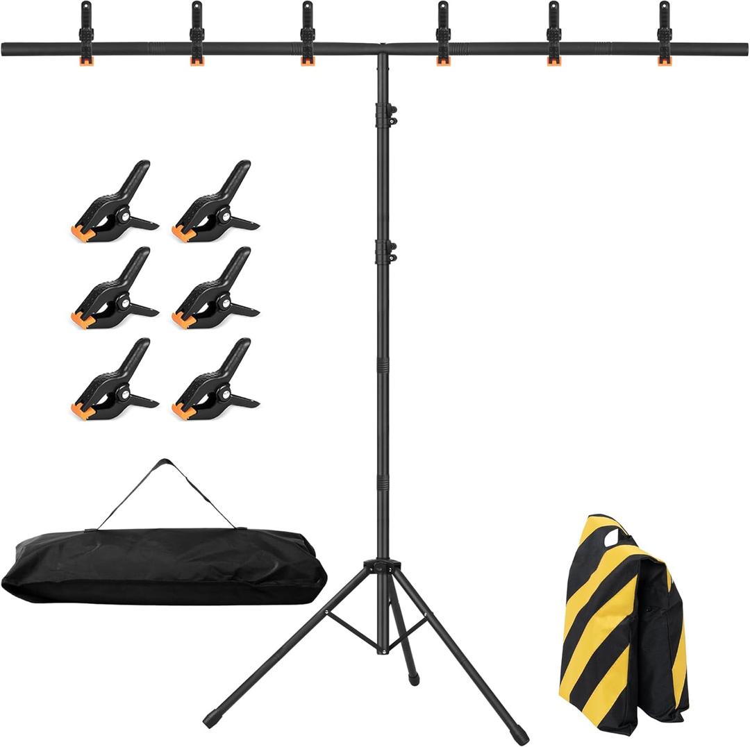8x5ft T-Shape Backdrop Stand, Adjustable Background Support Stand Kit, Portable Photo Banner Holder with 6 Spring Clamps, Sandbag, Carry Bag for Party, Wedding, Photography and Decoration 8x5ft T-Shape Backdrop Stand, Adjustable Background Support Stand Kit, Portable Photo Banner Holder with 6 Spring Clamps, Sandbag, Carry Bag for Party, Wedding, Photography and Decoration