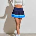 Fisoew Women's High Waisted Tennis Skirts Color Block Pleated Athletic Golf Skorts with Built in Shorts (Blue, L)