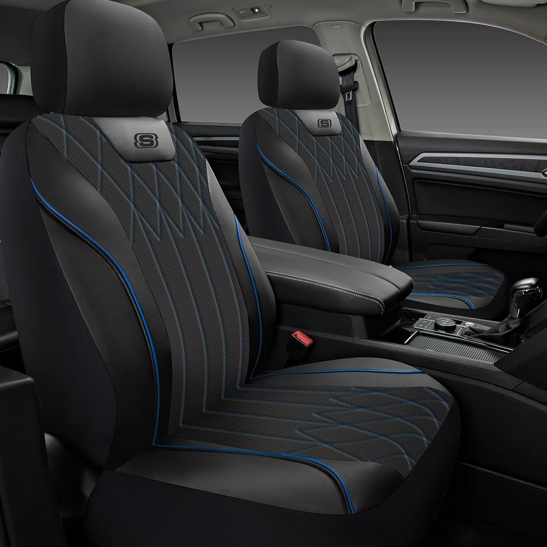 Skechers Seat Covers Memory Foam-Piping Leather Car Seat Covers,Ultimate Comfort & Support Front Seat Covers Airbag Compatible, Automotive Universal Fit Most for SUVs, Vans, Sedans, Cars, Trucks.Blue