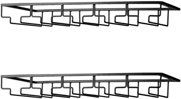 FOMANSH Wine Glass Rack - Under Cabinet Stemware Wine Glass Holder Glasses Storage Hanger 2 Pack Metal Organizer for Bar Kitchen 5 Rows Black