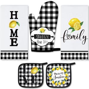 5 Pieces Buffalo Plaid Kitchen Towels Oven Mitts and Pot Holder Set Black and White Kitchen Towels Oven Gloves, Hot Pads Pot Holders for Farm House Accessories Decor(Lemon)