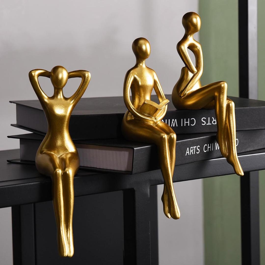 Quoowiit Gold Decor Thinker Statue Decor Book Shelf Decor, Abstract Statue Ornament Office Decor Modern Home Decor Decorations for Living Room Collectable Figurines Coffee Table Decor 3 Piece