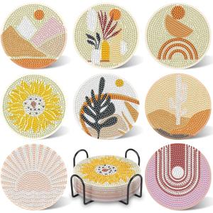UPINS 8Pcs Boho Diamond Art Painting Coasters for Drinks DIY Coaster Diamond Art Kits for Adults Kids Beginners Diamond Art Craft Supplies (Boho)