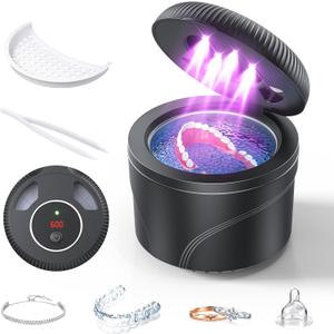 Ultrasonic Retainer Cleaner, 45kHz Retainer Cleaner Machine for Dentures, Mouth Guards, Aligner, Toothbrush Heads, Jewelry, 4 Modes Denture Cleaner with Digital Timer & 200ML Dental Cleaning Pod (Black)