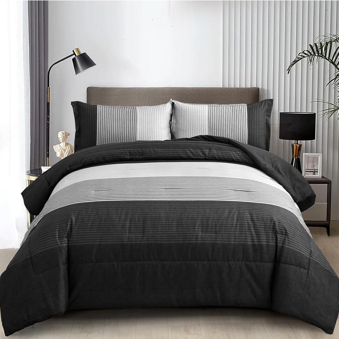 WONGS BEDDING Black Comforter Set Queen, Reversible Black Grey Stripe Down Alternative Comforter for All Season,3 Pieces(1 Patchwork Comforter+2 Pillowcases), Soft Microfiber Bedding Set 90"90"