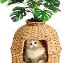 Cat Litter Box Plant Furniture Enclosure, Hidden Handwoven Rattan with Cat Litter Box and Artificial Plants, Odor Control Filter, Real Stones in Living Room, Bedroom, Corner Natural
