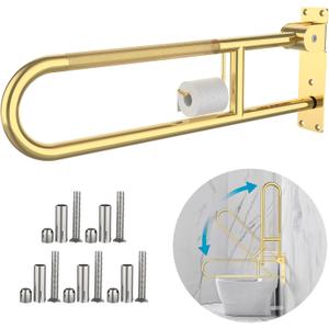 Flip Down Toilet Grab Bar 32 Inch Gold, Munzong Anti-Slip Handicap Grab Bar