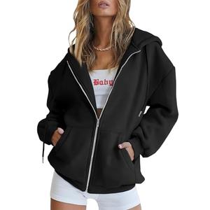 Trendy Queen Womens Zip Up Hoodies Oversized Sweatshirts Fall Fashion Outfits Casual Jackets 2025 Winter Clothes Black XS