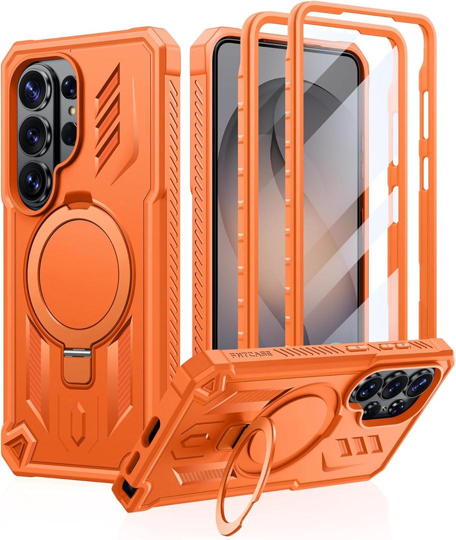 FNTCASE for Samsung Galaxy S26-Ultra Case: Magnetic Phone Cases with [Ring Kickstand] [2 Front Frames] [Built-in Screen Protector] [Heavy Duty Military Grade Protection] Drop Proof TPU Cover Orange