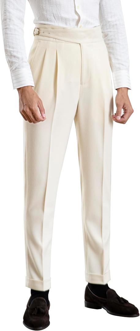 CHOKMAR Men's Classic Gurkha Naples Italian Style Dress Pants No Need to tie a Belt (US, Waist Inseam, 32, 33, Ivory)