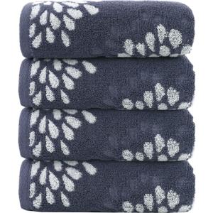 Pidada Hand Towels Set of 4 Hydrangea Floral Pattern 100% Cotton Absorbent Soft Decorative Towel for Bathroom (Denim Blue)