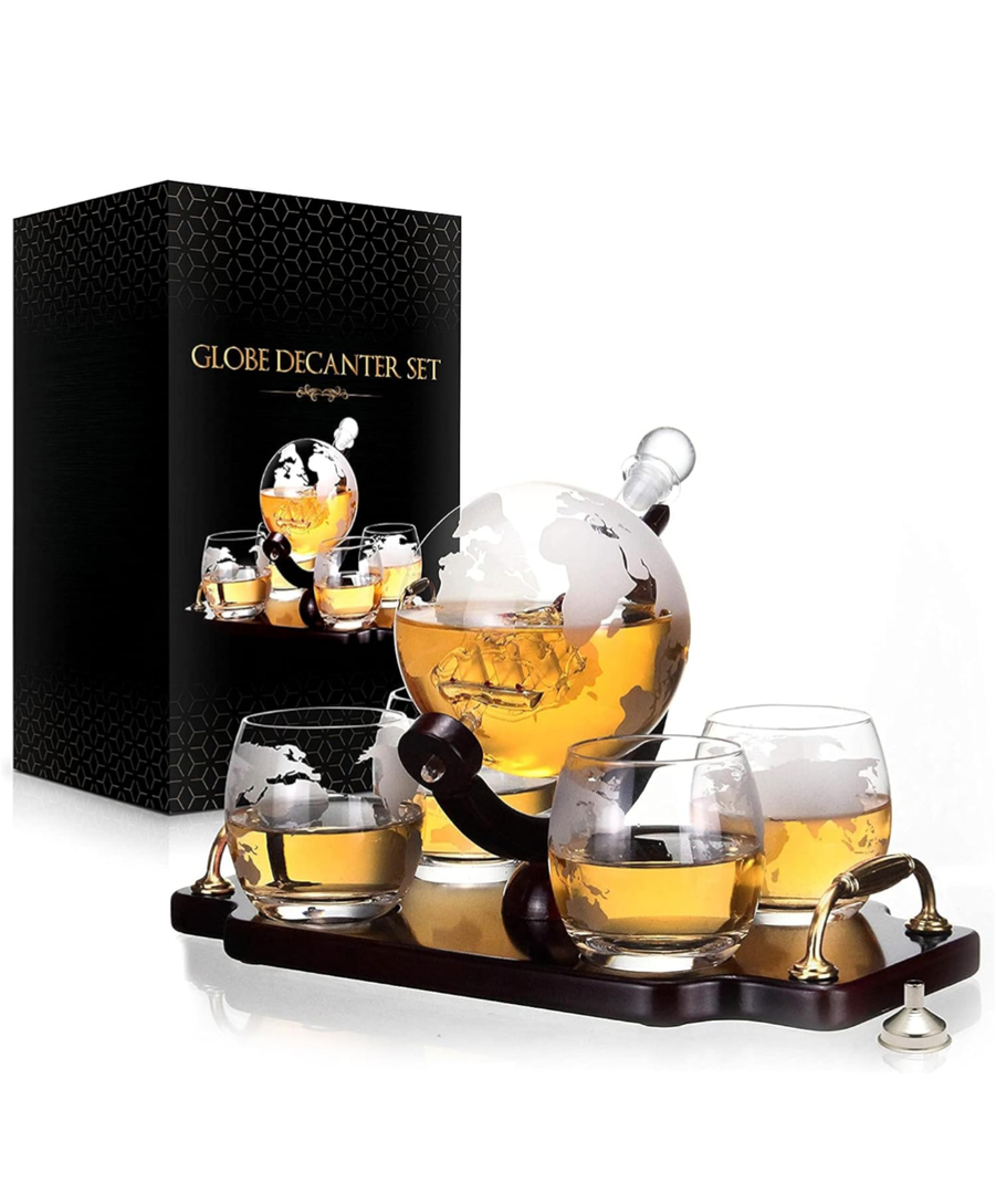 Flybold Whiskey Globe Decanter and Glass Set Antique Ship Masterpiece Great Gift for Men 28 oz 850 ml 4 globe Glasses for Whisky Brandy Scotch Bourbon
