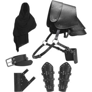 Berenlu Mens Renaissance Costume Set Medieval Belt Shoulder Armor Faux Leather Bracers Shawl Viking LARP Cosplay Accessories