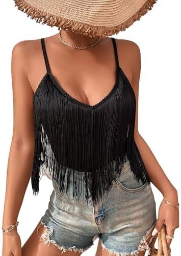 Womens Western Cowgirl Fringe Top - Country Concert Outfits Festival Tassel Hem Boho Rodeo Camisole Rave Tank Shirt Size M
