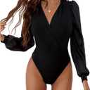 WDIRARA Women's Mesh Sheer Lantern Long Sleeve Bodysuit Wrap V Neck Blouse (Black, XS)