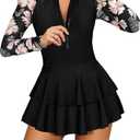 SHEKINI Women Long Sleeve Rash Guard Swimdress Thumb Holes Surfing Printed One Piece Zipper Skirted Swimsuit Swim Shirt（XS,Black）