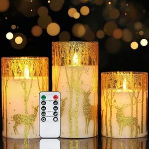 Homemory Christmas Flickering Flameless Candles with Remote Timer, Gold Deer Battery Operated Candles, Glass Real Wax LED Pillar Candles for Home Holiday Decor, Set of 3 (3"x4"5"6")