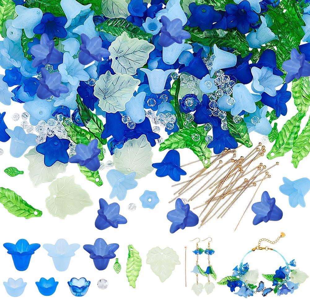 NBEADS About 417 Pcs Frosted Acrylic Assorted Beads Kit, 300 Pcs Acrylic Flower and Leaf Beads 87 Pcs Round Glass Beads 30 Pcs Brass Ball Pins Jewelry Making Supplies Kit for Earring Bracelets Making