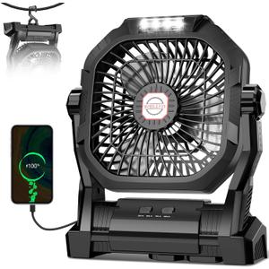 Camping Fan Rechargeable, 20000mAh Battery Powered Portable Fan with LED Light & Hook, 4-Speed 270 Adjustable, Camping Essentials for Tent, Travel, Car, Outdoor, Indoor, BBQ, Fishing, Jobsite (Black)