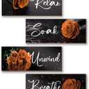 ZINYAZHE 4Pcs Orange Bathroom Decor Rose Wall Decor Wooden Orange Bathroom Accessories with Relax Soak Unwind Breathe Wall Art For Girl Women Bedroom Living Room Home Decoration (10 X 4 Inch)