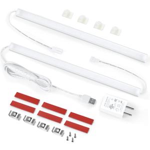 Litever Plug Under Cabinet Light Kit with Power Adapter, Dimmer, 2 pcs 12 Inch USB LED Light Bars. Dimmable Linkable for Kitchen Counter, Workbench, Coffee Station, Workspace, Closet. Warm White 3000K