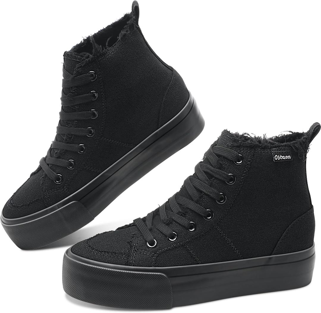 Obtaom High Top Platform Sneakers Women Mid Calf Play Canvas Shoes Washed Platform Skate Skateboard Shoe Casual Canvas Fashion Sneakers (7, Black Monochrome)