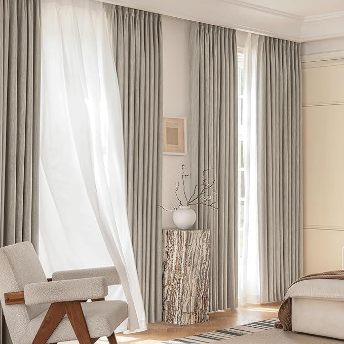 Natural 40x90 2 Panels 100% Full Blackout Curtains for Bedroom Faux Linen Back Tab Curtains, 6cm High Temperature Pleated Drapes, Thermal Insulated & Energy Efficient, Flame Retardant