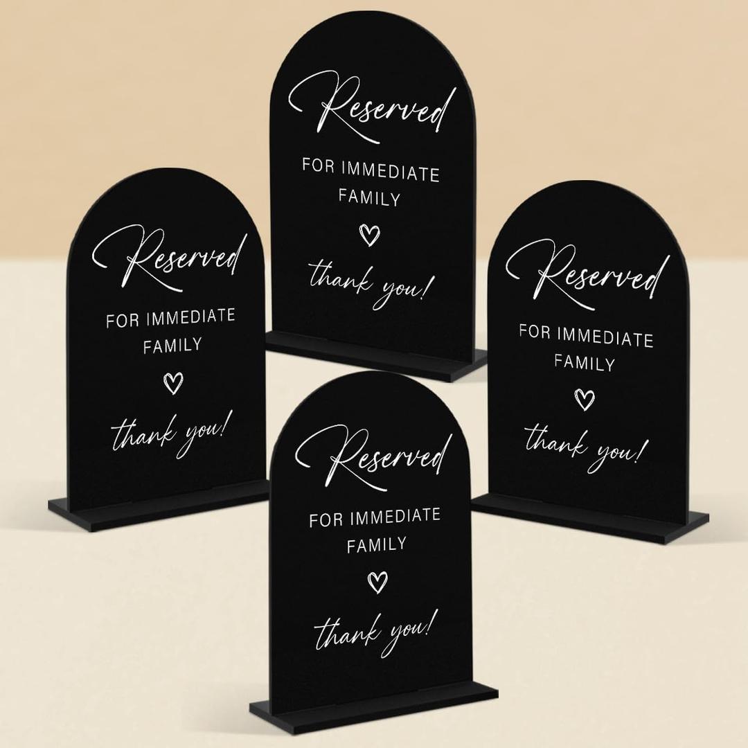 4 Pcs Acrylic Wedding Sign, Bridal Shower Decoration, Reserved Seating Sign for Immediate Family, Modern Font Table Signs, Acrylic Table Top Signs for Wedding Reception and Event Party Tables (Black)