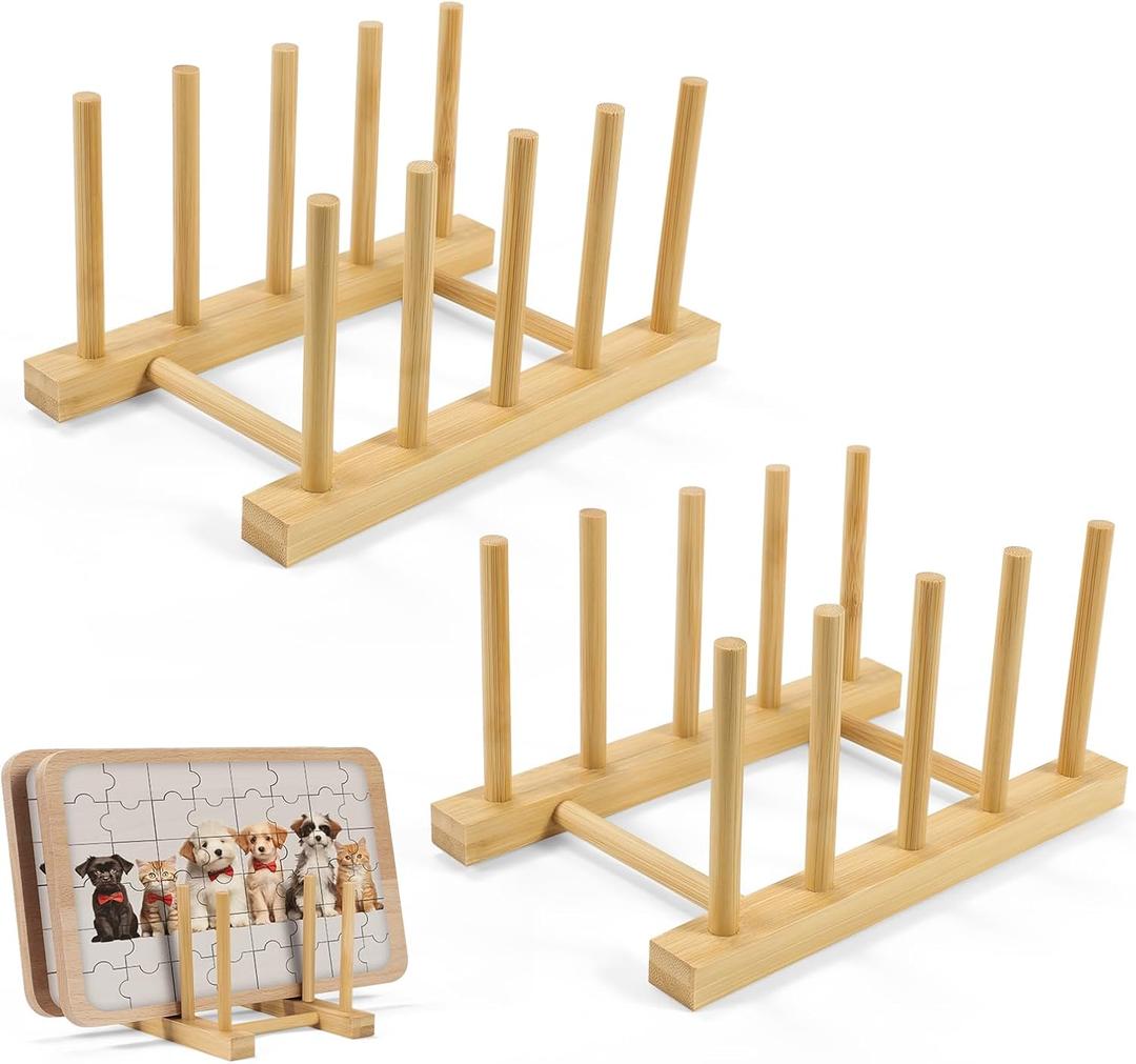2 Pack Bamboo Puzzle Rack - 4 Slots Puzzle Organizer for Tidying Kid Room, Puzzle Storage for Displaying Toddlers Books and Puzzles