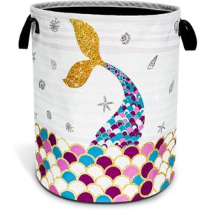 Mermaid Scales Tail Laundry Basket Foldable Oxford Cloth Funny Tote Bag Laundry Hamper Clothes Storage Bucket Organizer For Bathroom/Laundry Storage/Bedroom 18.9x16.5 Inch