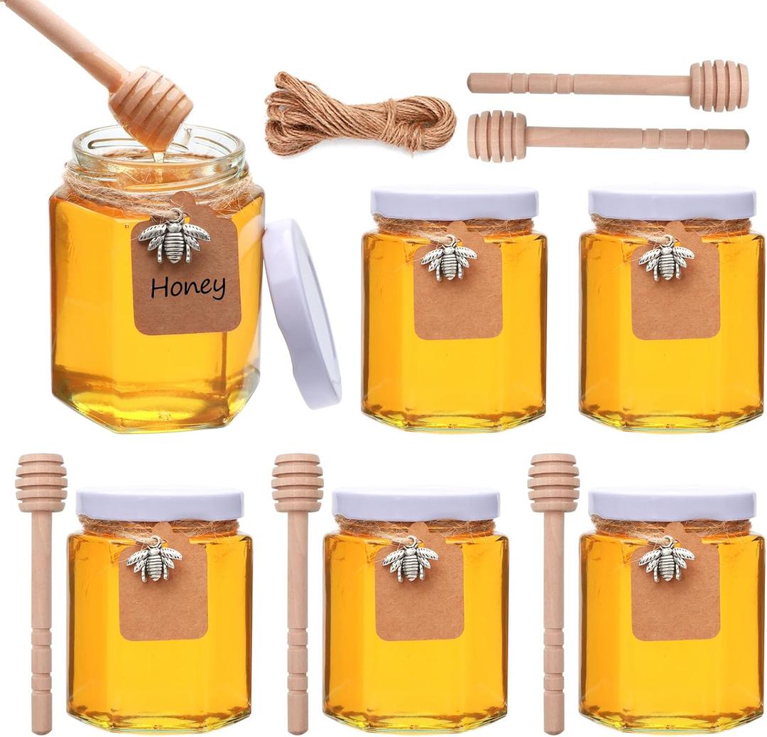 6 oz 6 Pack Hexagon Glass Honey Jars, Glass Jars with White Lids,Silver Bee Pendants,Wooden Honey Sticks,Small Tags,1.5m Jute Twine -Clear Hexagon Jars for Honey,Jams, Liquid