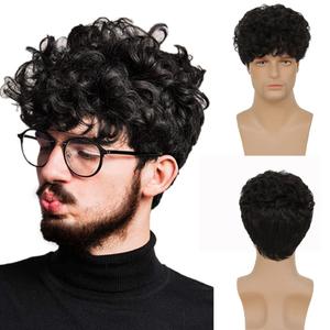 Swiking Curly Afro Black Men Wigs Short Fluffy Synthetic Hair Wig Halloween Party Cosplay Costume Full Wigs (Black)