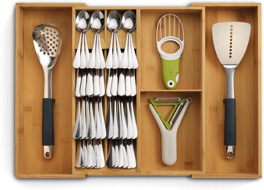Joseph Joseph DrawerStore Expanding Silverware, Flatware, Utensil & Gadgets Organizer, Expandable in Drawer Space Saving Tray, Bamboo